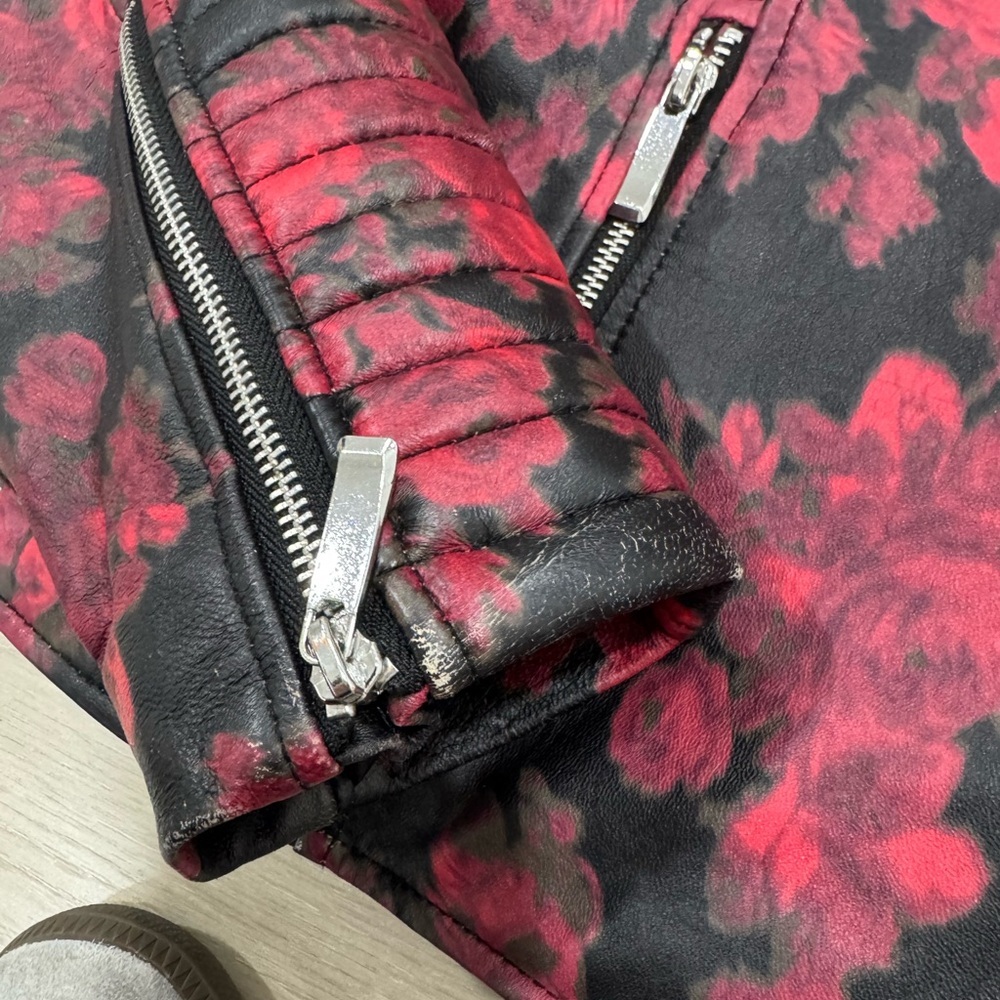 Lord & Taylor 424 Fifth Red Rose Black Leather Moto Biker Jacket - Picture 4 of 10